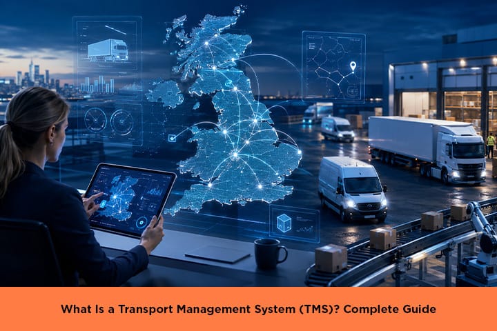 Transport Management System tracking fleet vehicles on a digital UK map interface