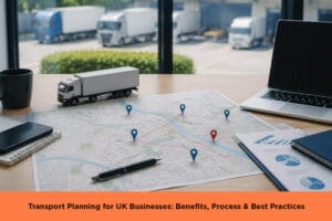 Transport planning for UK businesses shown with route maps, data reports, laptop, and freight lorries outside an office.