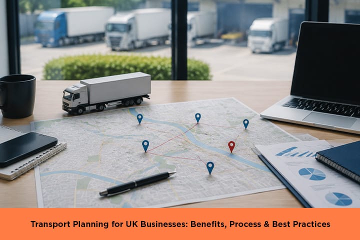 Transport planning for UK businesses shown with route maps, data reports, laptop, and freight lorries outside an office.